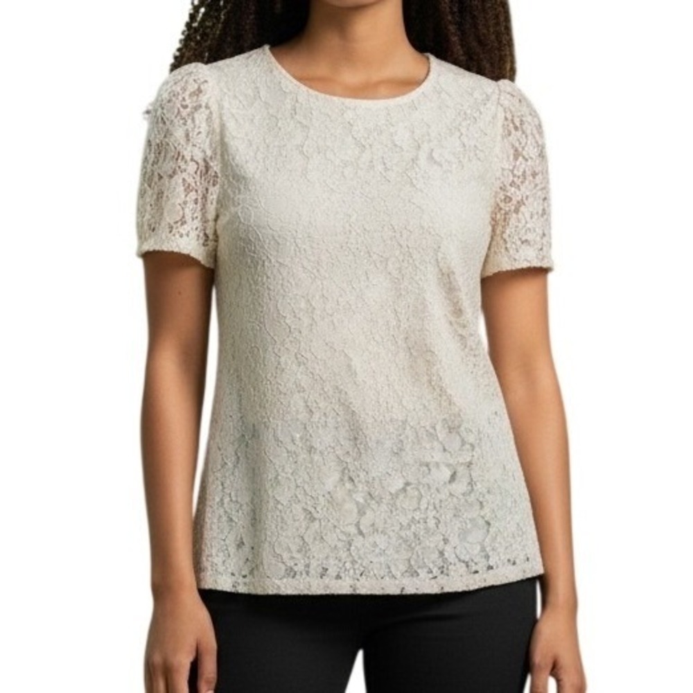 EXPRESS Ivory Floral Lace Puff Short Sleeve Blouse NWT $45 Size XS
